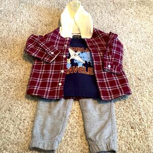 Buffalo David Britton Dark Red Plaid Jacket, Gray Pants, Navy T-Shirt Boys 2T